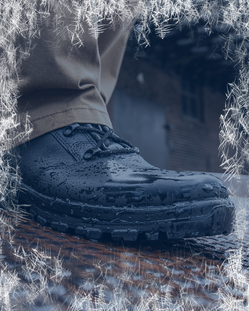 Waterproof boots category with the Enforce X High covered in water droplets on a metal surface and a frost border effect